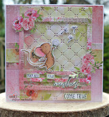 Rose-accented card with the mouse and dandelion and 'May all your wishes come true.'