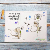 Card with two mice and dandelion seeds and 'May all your wishes come true.'