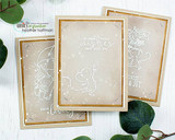 Trio of soft cards with the mouse and dandelion stamped in white.