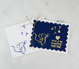Navy and gold card with the mouse and dandelion seeds and heart accents.
