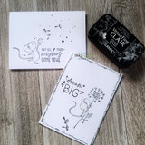 Two clean cards with the mouse and dandelion stamped in black and 'dream BIG.'