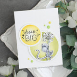 Card with the mouse and dandelion on a yellow circle and 'dream BIG.'