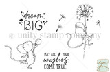 Wishing and Wishing red rubber stamp sheet by Lisa Glanz: a sketchy mouse blowing dandelion seeds with 'dream big' and 'May all your wishes come true.'