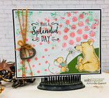 Card with the bear and mouse on a pink dotted background with a twine bow, 'have a Splendid day.'
