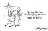 A gentle angel kneeling with a lamb beneath a bright star, alongside the sentiments 'May your Christmas be a time of joy and peace.' and 'Peace on Earth.'