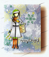 Card with a white snowflake background and Merry Girl in a patterned white coat, finished with 'merry & bright' in script.