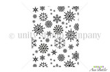 Black-and-white background stamp filled with a dense frenzy of snowflakes in many sizes, a lipless texture for winter card fronts.