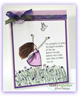Card with the girl in a lavender dress reaching for a white dove over purple meadow flowers, with the Helen Keller sentiment and a purple ribbon bow.