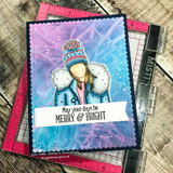 Purple watercolor card of the bundled-up girl with 'May your days be merry and bright.'