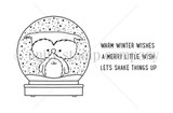 Shakin' Things Up red rubber stamp set from Unity Stamp Co — two owls stacked cozily inside a snow globe — shown on the black-line stamp sheet with sentiment stamps including “warm winter wishes” and “let's shake things up”.