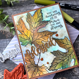 Autumn card with watercolor maple leaves, a 'blessed' die-cut, and the amazing-brave-strong sentiment