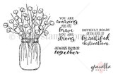 Red rubber stamp sheet: mason jar bouquet with three encouragement sentiments including 'difficult roads often lead to beautiful destinations'
