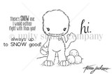 Abominable Cuddlebug stamp sheet: a fuzzy yeti with a toothy grin and a heart on his chest waving beside a stack of snowballs, with 'hi.', 'always up to SNOW good!' and 'there's SNOW one I would rather fight with than you!'