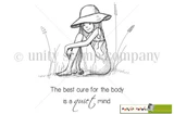 Red rubber stamp line art of a girl in a wide sun hat sitting in tall grass with 'The best cure for the body is a quiet mind'.