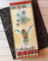 Slimline kraft card of the girl under stamped fireworks with a red plaid Celebrate banner.