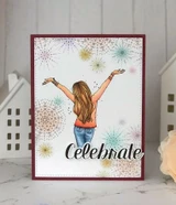Red-framed card of the girl under pastel fireworks with Celebrate in bold script.