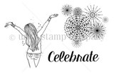 Celebrate the New stamp set: a girl with arms raised, a fireworks burst and a script Celebrate sentiment.