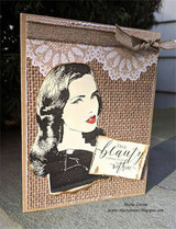 The vintage woman stamped on a kraft-and-burlap card trimmed with lace, captioned 'True beauty comes from within.'