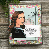 The brunette retro woman on a pastel floral card, captioned 'True beauty comes from within.'