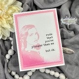 The vintage woman stamped in soft pink on an ombre card.