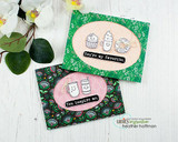 Two small cards, one with three treats in a kraft oval on green print paper reading 'You're my favorite', one with a mug and cup on a pink oval over dark floral paper reading 'You inspire me'.