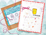 Two projects: a kraft tag stamped with the treats beside the packaged Sweet, Warm, Whipped stamp set, and a card with a smiling yellow mug in a circle over a splattered panel with 'YOU WARM MY SOUL' below, tied with red twine.