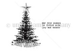 Black-and-white itty bitty stamp of a tall detailed Christmas tree with a star, 'Merry Christmas' and 'may your season be filled with joy and wonder.'