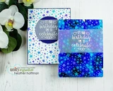 Two birthday cards using the scattered-star background in blues and purples.