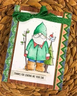 Handmade card made with Unity Stamp Co’s Lending Your Ear red rubber stamp set — a friendly gnome holding a branch with a little bird perched on it — stamped and colored, with the sentiment “Just hanging with my gnomie”.