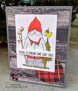 Handmade card made with Unity Stamp Co’s Lending Your Ear red rubber stamp set — a friendly gnome holding a branch with a little bird perched on it — stamped and colored, with the sentiment “Thanks for lending me your ear”.