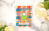 Handmade card made with Unity Stamp Co’s Lending Your Ear red rubber stamp set — a friendly gnome holding a branch with a little bird perched on it — stamped and colored, with the sentiment “Just hanging with my gnomie”.