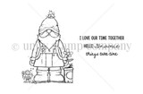 Red rubber stamp sheet with a sketched gnome in goggles, a pointed hat and dungarees standing beside a watering pot and flowers, plus the sentiments "I LOVE OUR TIME TOGETHER", "HELLO gnomie" and "things take time".