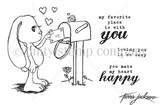 Easy to Love stamp sheet: a bunny posting a letter into a mailbox with a snail on top and hearts above, plus 'my favorite place is with you', 'loving you is so easy' and 'you make my heart happy'.