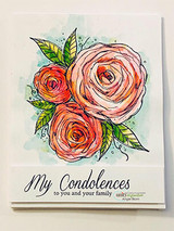 Angie Blom's sketchy trio of roses with 'My condolences to you and your family,' a red rubber sympathy stamp shown on a handmade card.
