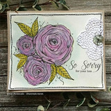 Angie Blom's sketchy trio of roses with 'My condolences to you and your family,' a red rubber sympathy stamp shown on a handmade card.