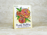 Angie Blom's sketchy trio of roses with 'My condolences to you and your family,' a red rubber sympathy stamp shown on a handmade card.