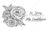 Line-art stamp sheet: Angie Blom's sketchy roses with 'So sorry for your loss' and 'My condolences' red rubber sympathy stamps, Unity Stamp Co.