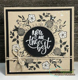 Black and white sunburst wreath card. White script you are the best on black circle.