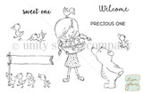 Red rubber stamp sheet: a sketched girl carrying a basket of ducklings, a standing bear, a row of ducklings with a banner and single ducks, beside 'sweet one', 'Welcome' and 'PRECIOUS ONE.'