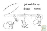 The Country Mouse Hello red rubber stamp set shown as line art: whimsical mice with flowers, birds and banners, 'just wanted to say', 'Hello' and 'Thank you', by Lisa Glanz.