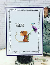 Handmade card with Lisa Glanz's sweet sketchy country mouse holding a tall wildflower with a little bird perched on top and a banner reading 'Hello'.