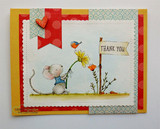 Country Mouse Hello card, the softly colored mouse beside a flag pole flying a 'Thank You' banner, delicate hand-drawn style.