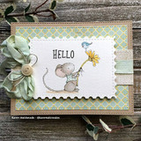 Handmade card with Lisa Glanz's sweet sketchy country mouse holding a tall wildflower with a little bird perched on top and a banner reading 'Hello'.