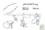 The Country Mouse Hello red rubber stamp set shown as line art: whimsical mice with flowers, birds and banners, 'just wanted to say', 'Hello' and 'Thank you', by Lisa Glanz.