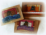 Three finished cards showing the sleepy girl in different colorways, one reading about needing pants or a bra.