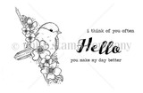 The Thought of Often red rubber stamp set shown as line art: a songbird on a floral branch with 'i think of you often', 'Hello' and 'you make my day better', by Angie Blom.