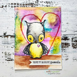 Card on a weathered white wood background with a rainbow watercolour panel, the owl coloured in grey and yellow inside a hand drawn red heart, and the sentiment "You're my absolute favorite" on a strip below.