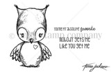 Red rubber stamp sheet with a sketched wide eyed owl with a small heart on its chest, plus the sentiments "You're my absolute favorite" and "NObODy geTS ME Like YOU geT ME".