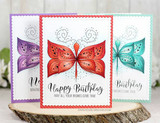 Three butterfly cards in purple, red and teal with 'Happy Birthday — May all your wishes come true.'