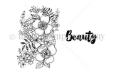 Stamp sheet: an outlined bouquet of large open blossoms, small five-petal flowers, leaves and sprigs, and the brush-script sentiment 'Beauty'.